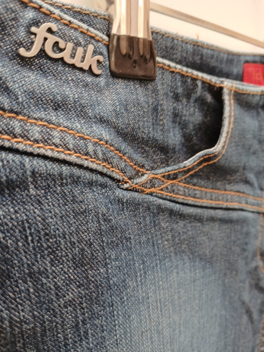 French Connection FCUK Denim Mini Skirt UK 14 Metal Logo Tag Zip and Hook Close.