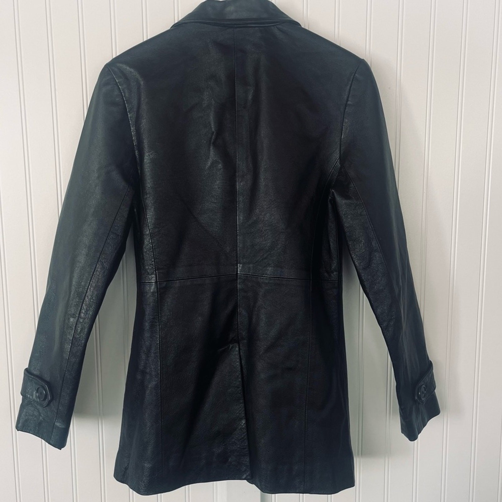 Y2k 90s Black Leather Jacket Trench Coat Double Breasted Shiny Sleek Extra Small