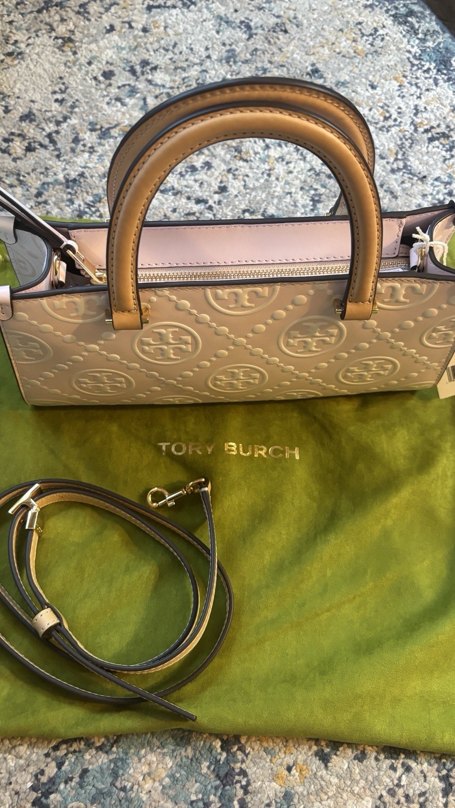 Tory Burch T Monogram Contrast Embossed Small East-West Tote ( Powder Pink )