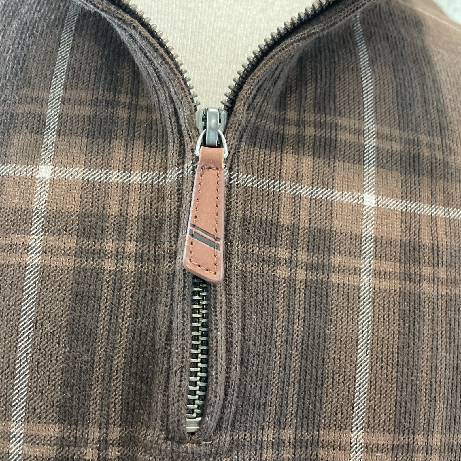 Lands’ End Brown Plaid 1/4 Zip Pullover Men’s Size Large 100% Cotton Mock Collar