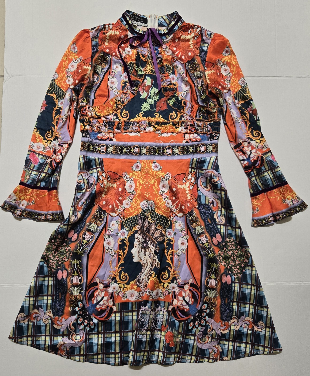 Dalia MacPhee Orange Multicolor Floral A-Line Dress High Neck 3/4 Bell M