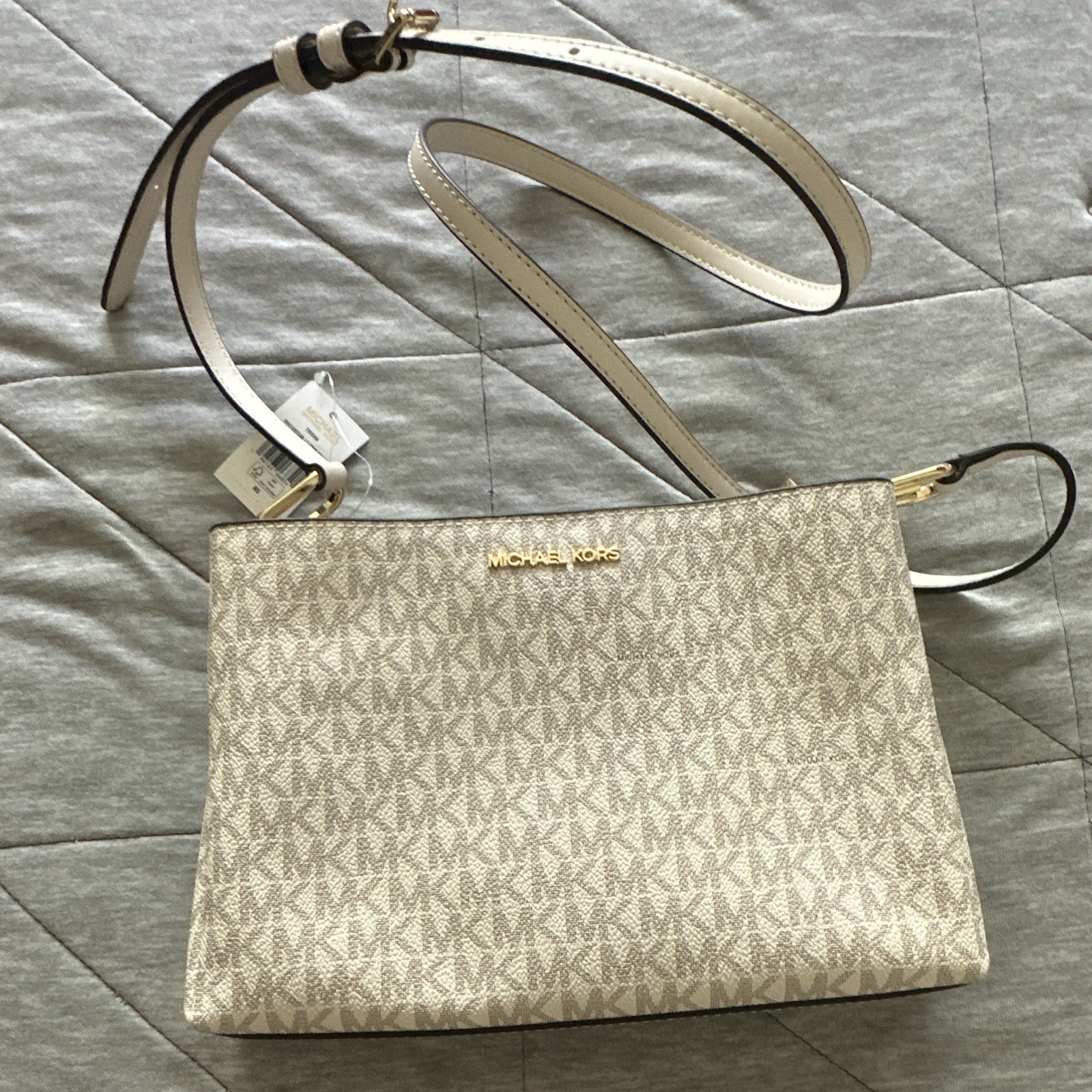 Michael Kors Signature Logo Medium Beige Zip Crossbody, Adjustable Strap,Pockets