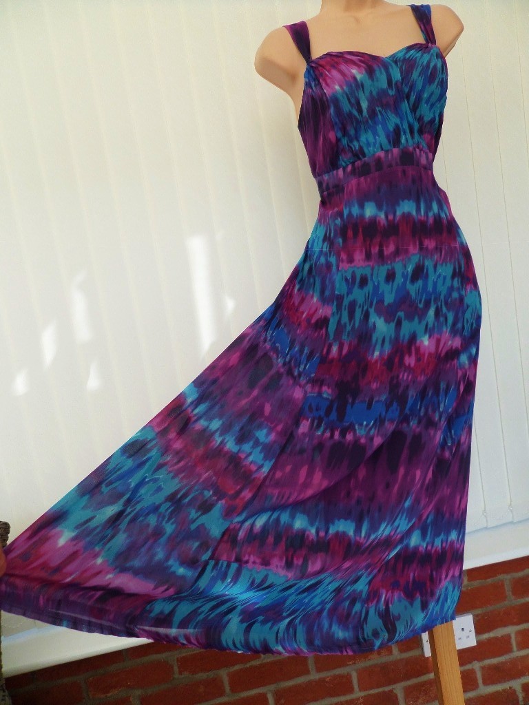 M&S PER UNA BLUE PURPLE RED SILKY PLEAT CHIFFON 50’S MIDAXI MAXI DRESS 16 EXC