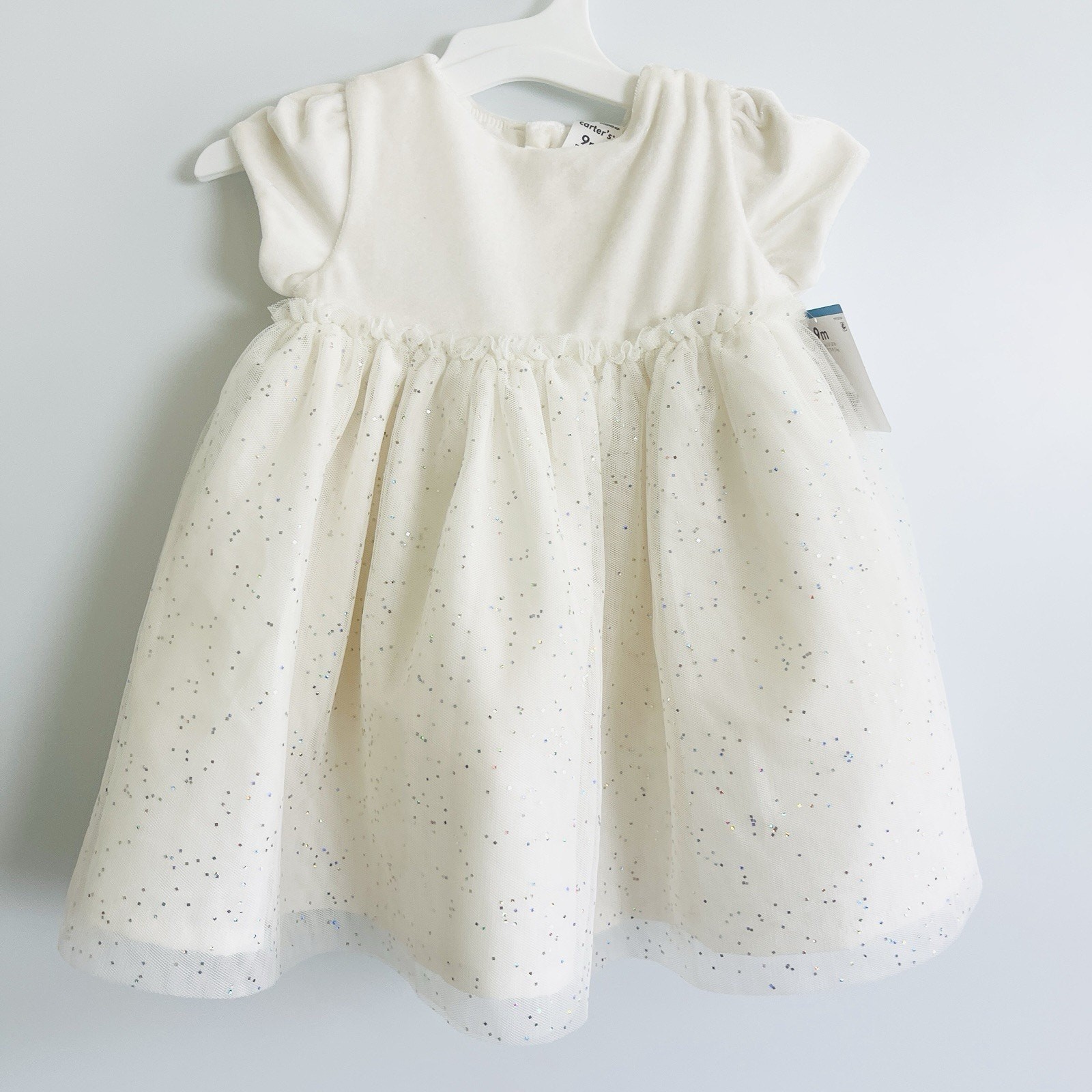 Baby Girls Carters Short Sleeve Off White Sparkly Tulle Mesh Dress -9 Months