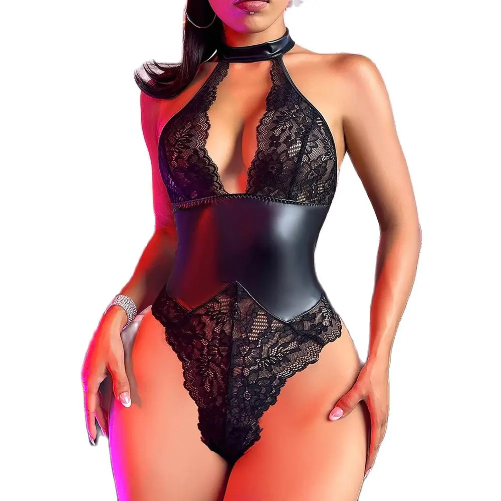 Transparent backless lace lingerie tight faux leather high cut thong.