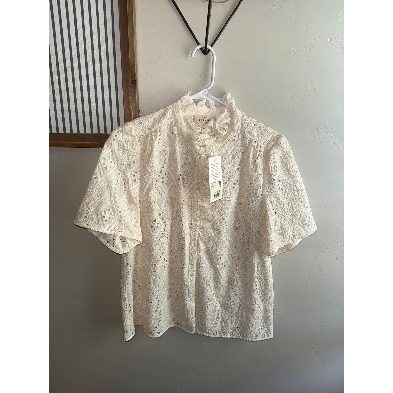 Sezane Chemise Dalhia Ecru Eyelet Ruffle Collar Blouse US 8 FR 40