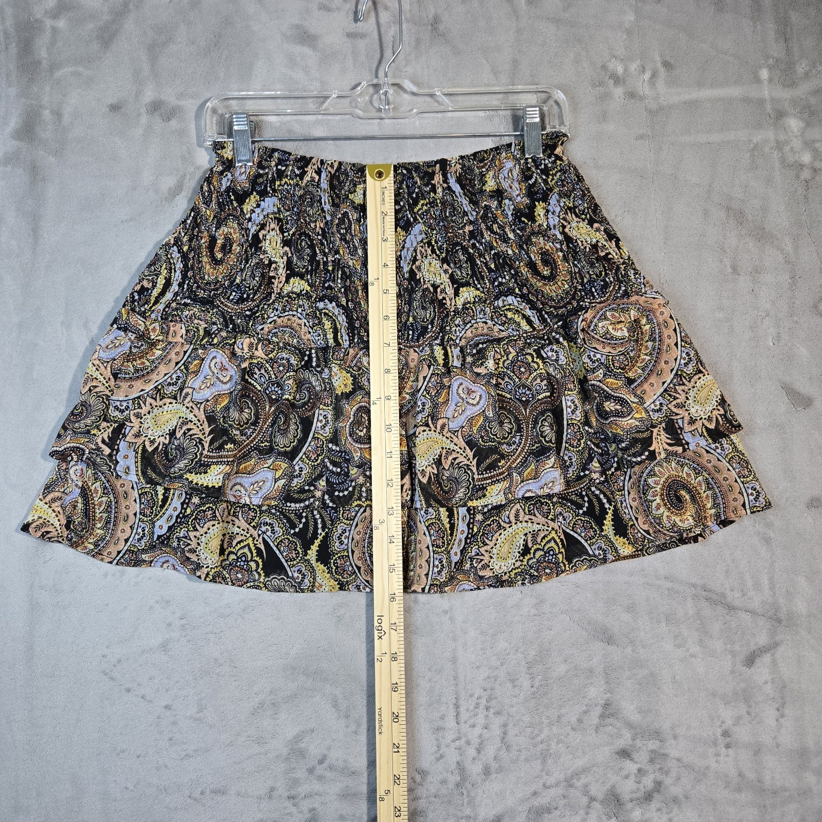 Bar III Women’s M Black Brown Yellow Blue Pastel Paisley Ruffled Y2K Mini Skirt