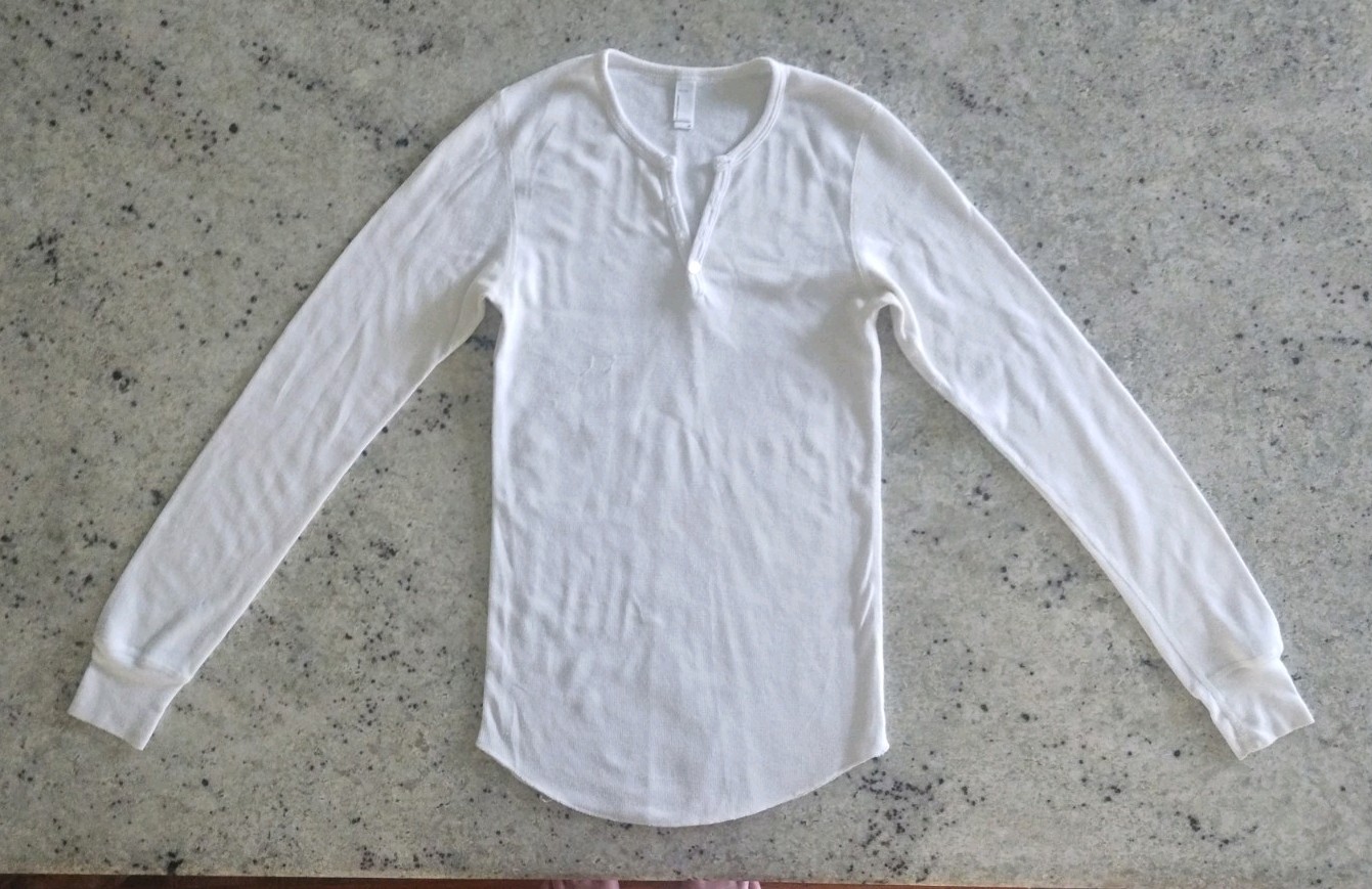 American Apparel White Waffle Knit Stretch Long Sleeve Henley Top XS