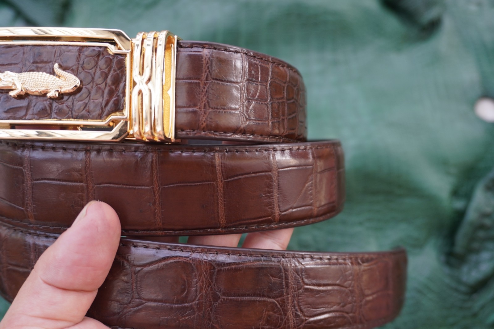 W1.3 inch Brown Genuine Crocodile Belly Leather Skin Men’s Belt Buckle #R48