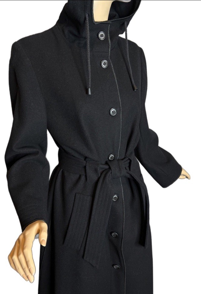 Vintage Wool Full Length Coat Hooded Black Button Down Harvé Benard Rare XS/S