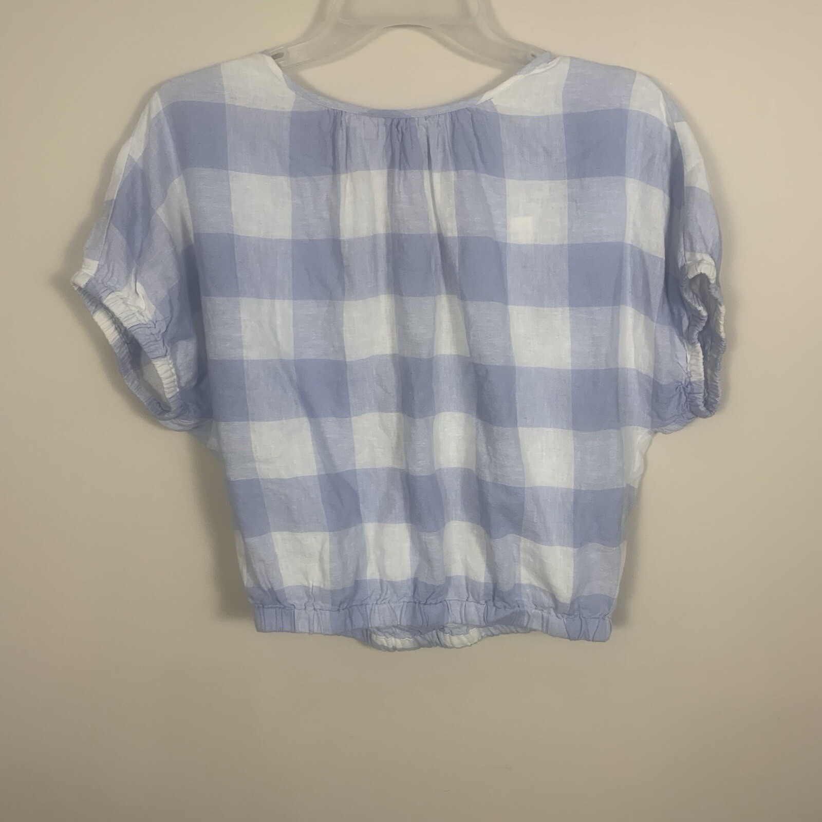 Madewell Linen Split Back Tie Gingham Blouse Blue White Size XXS NWT