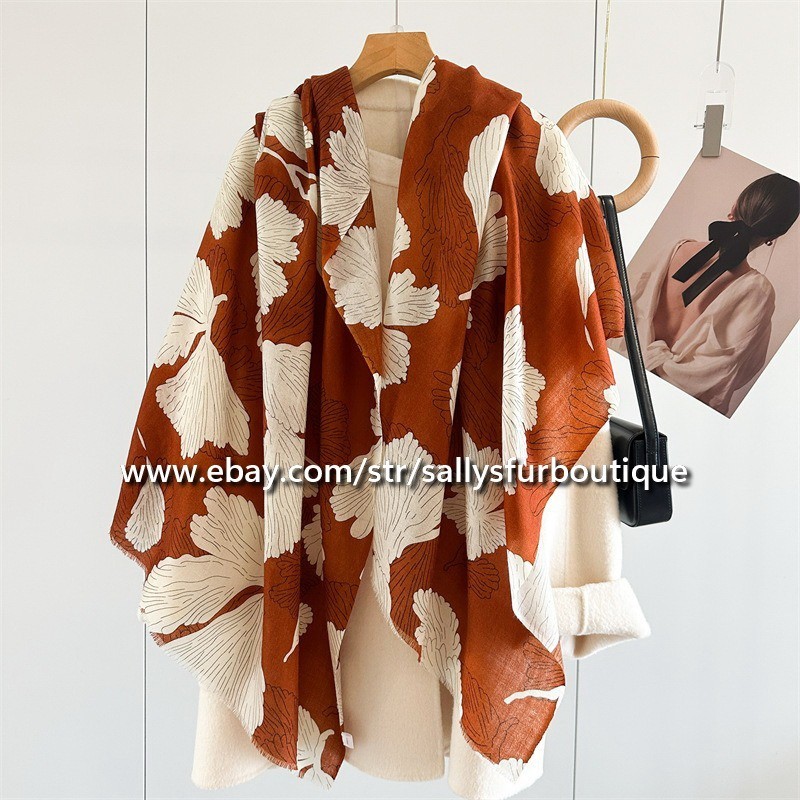 Sallys Boutique Cashmere Ring Scarf Wrap Shawl Leaves Print Delicate 78″*39″
