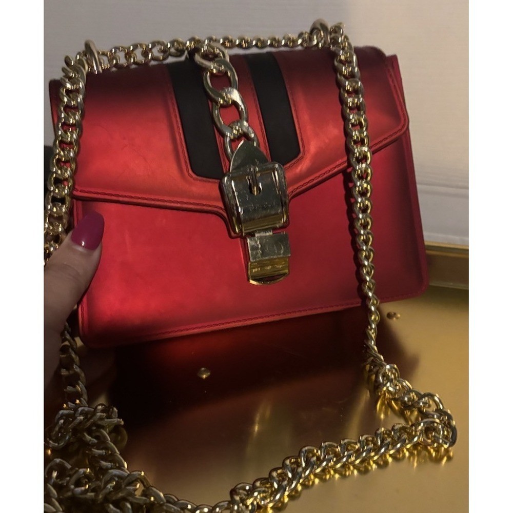 Red bag Metallic Gold Chain link strap evening Purse
