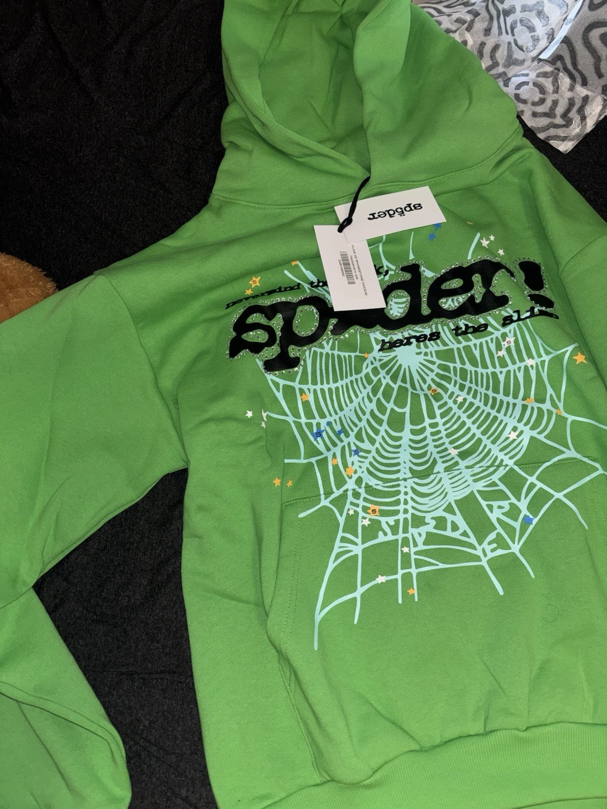 sp5der Men’s Green Pullover Hoodie M Spider Web Graphic Print Rhinestone