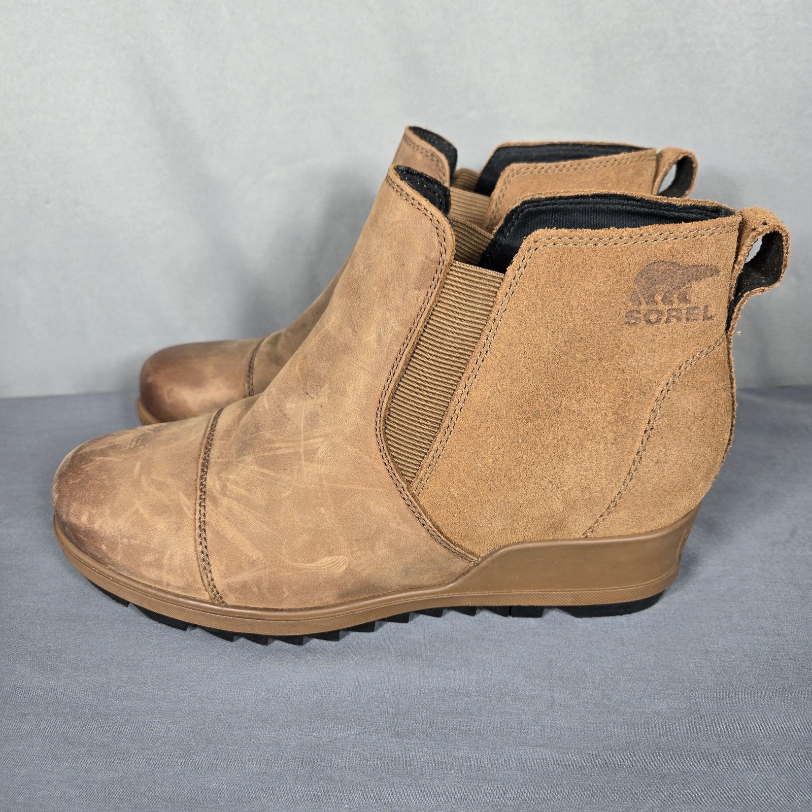 Sorel Evie Chelsea Boots Womens 8 Brown Leather Ankle Booties Lug Soles Slip On