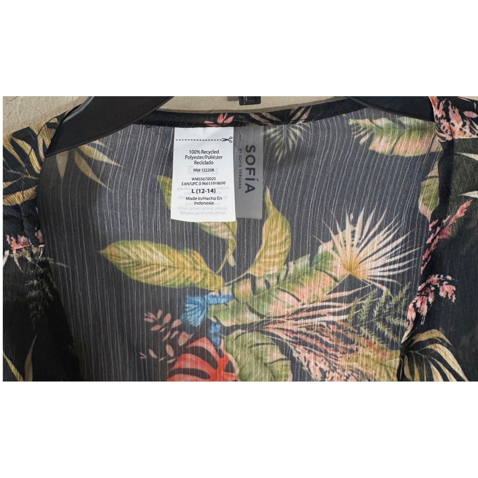 SofiaVergara Batwing Crop Top Women L Black Tropical Tie Front Coverup Sheer NEW
