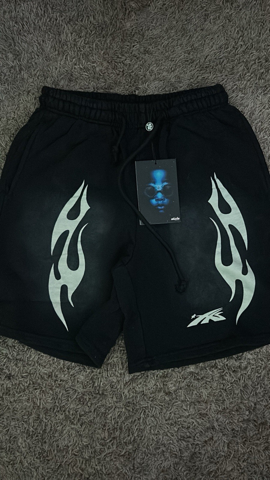 Men’s Black Fleece Sweat Shorts Drawstring Elastic Waist Pockets Flame Graphic