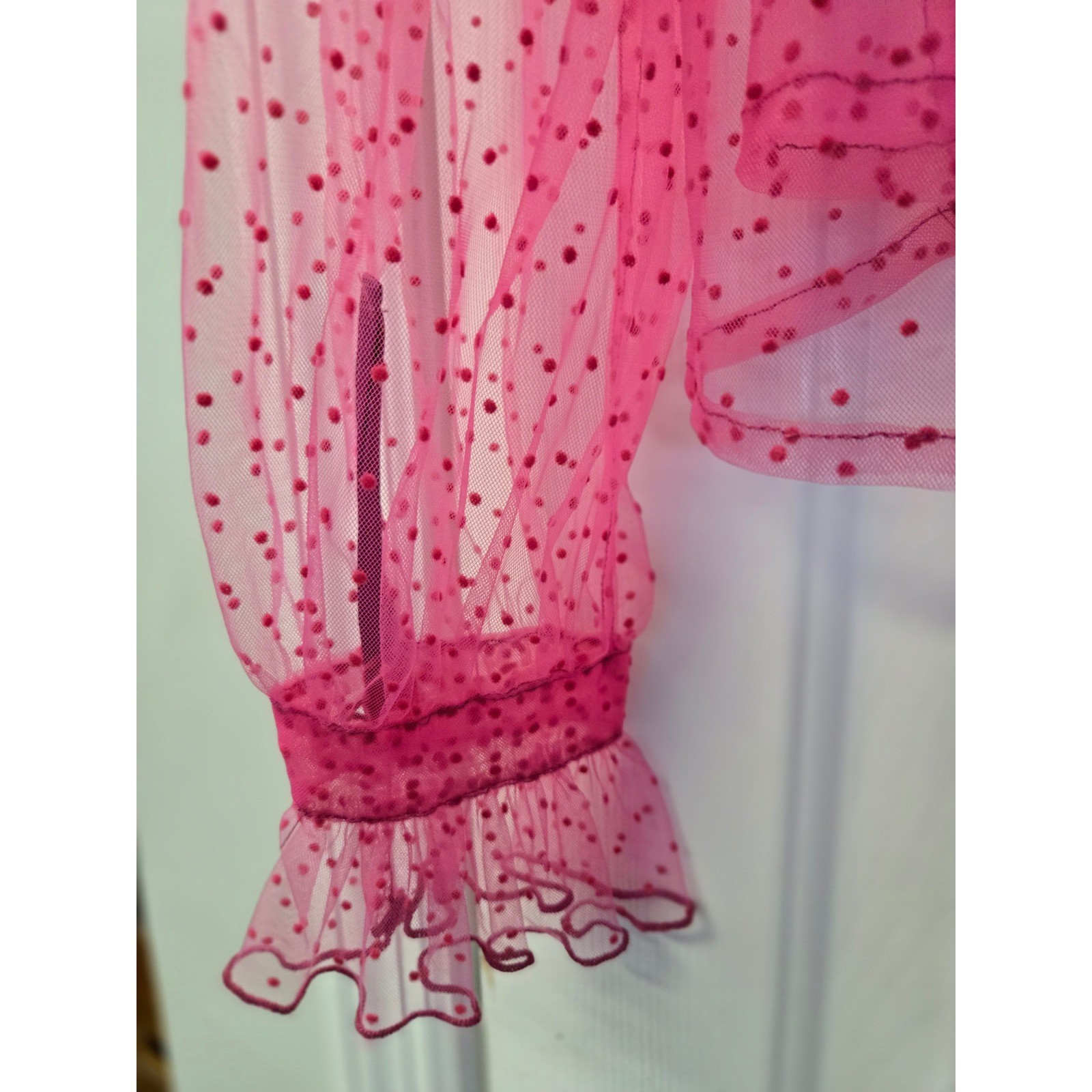 Hot Pink Sheer Mesh Polka Dot Ruffle Button Down Blouse M Medium Barbiecore