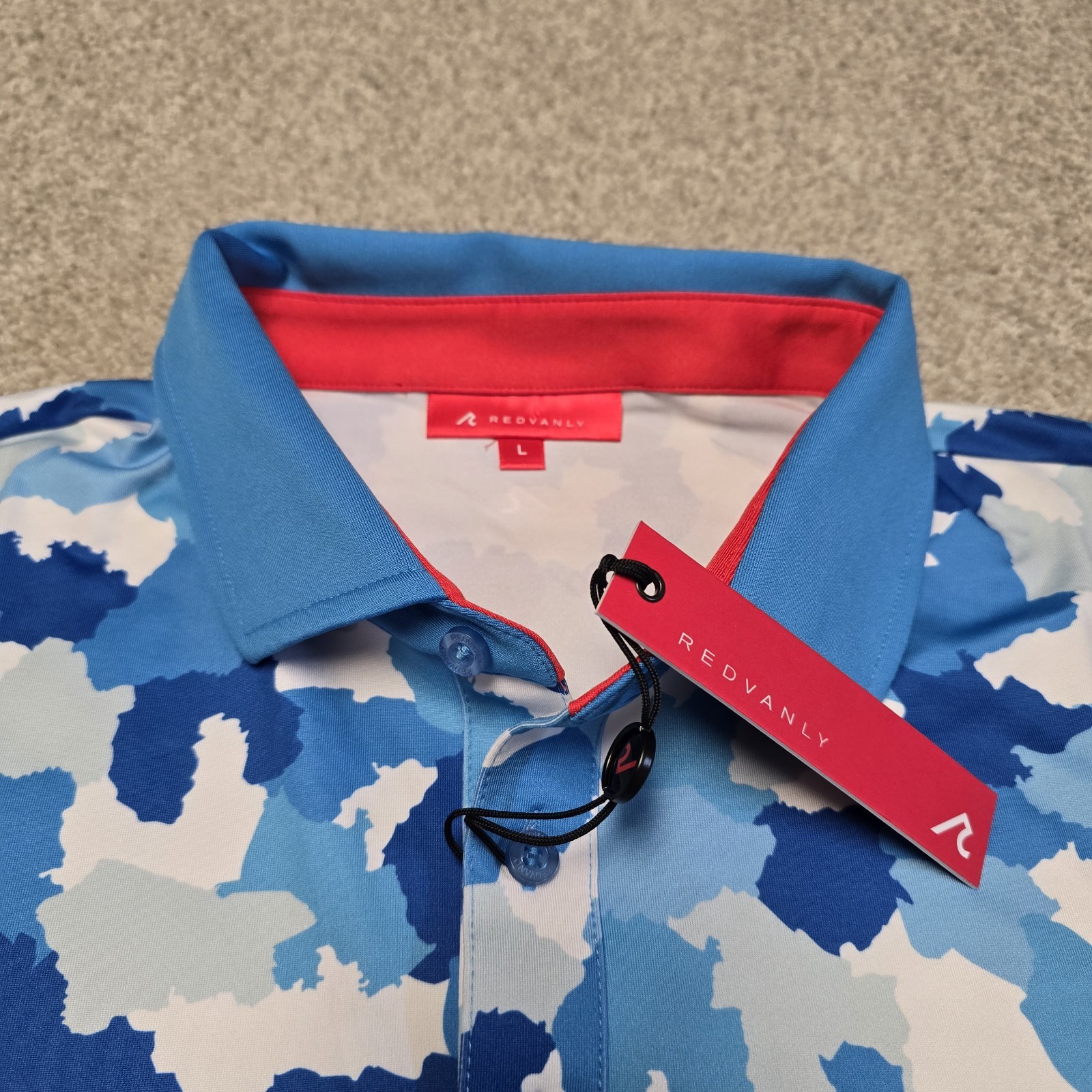 Redvanly Dawson Polo Shirt Large Malibu Blue Camo Golf Athletic Performance NWT