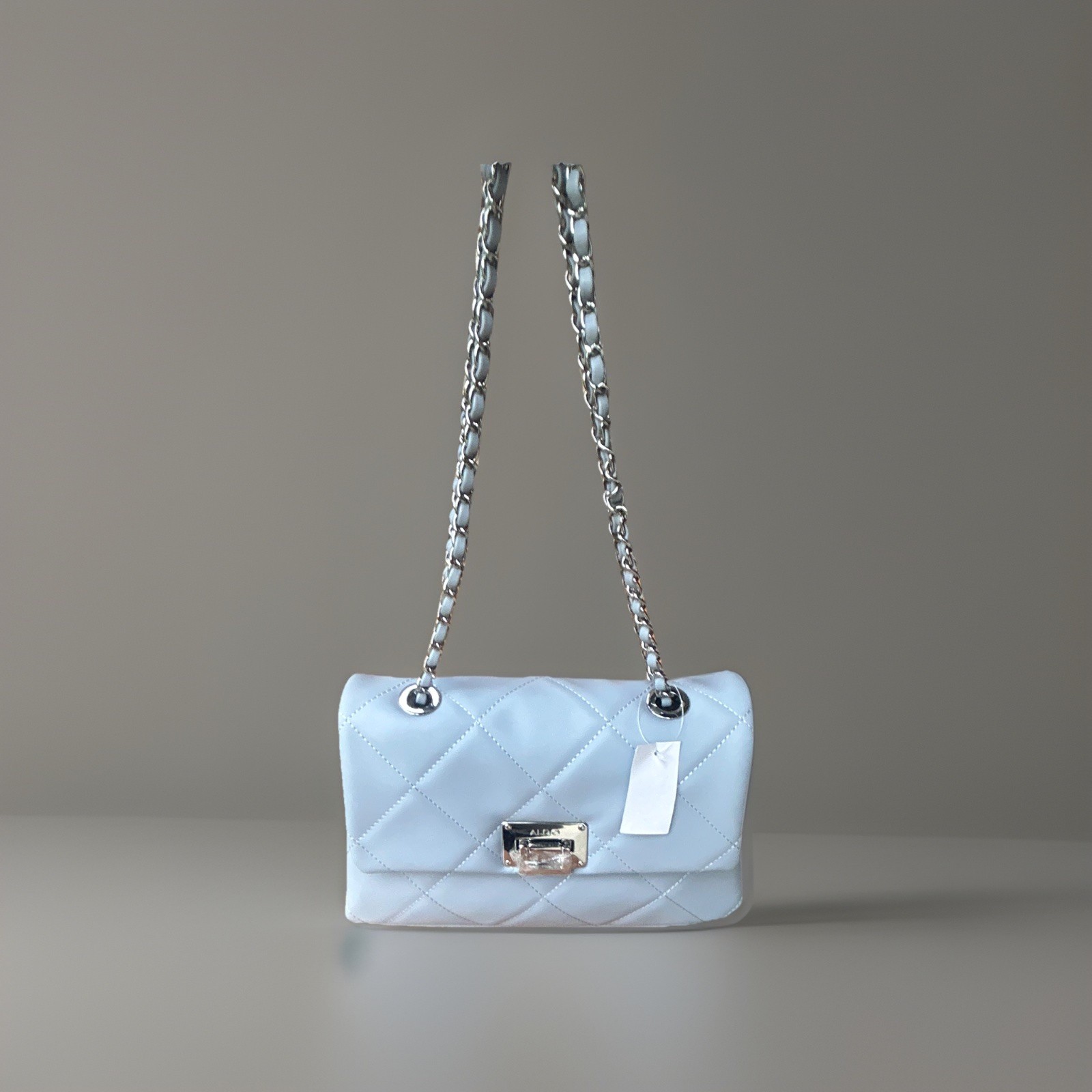ALDO Light Blue Quilted Shoulder Bag, Chain Strap, Turn Lock, Pockets