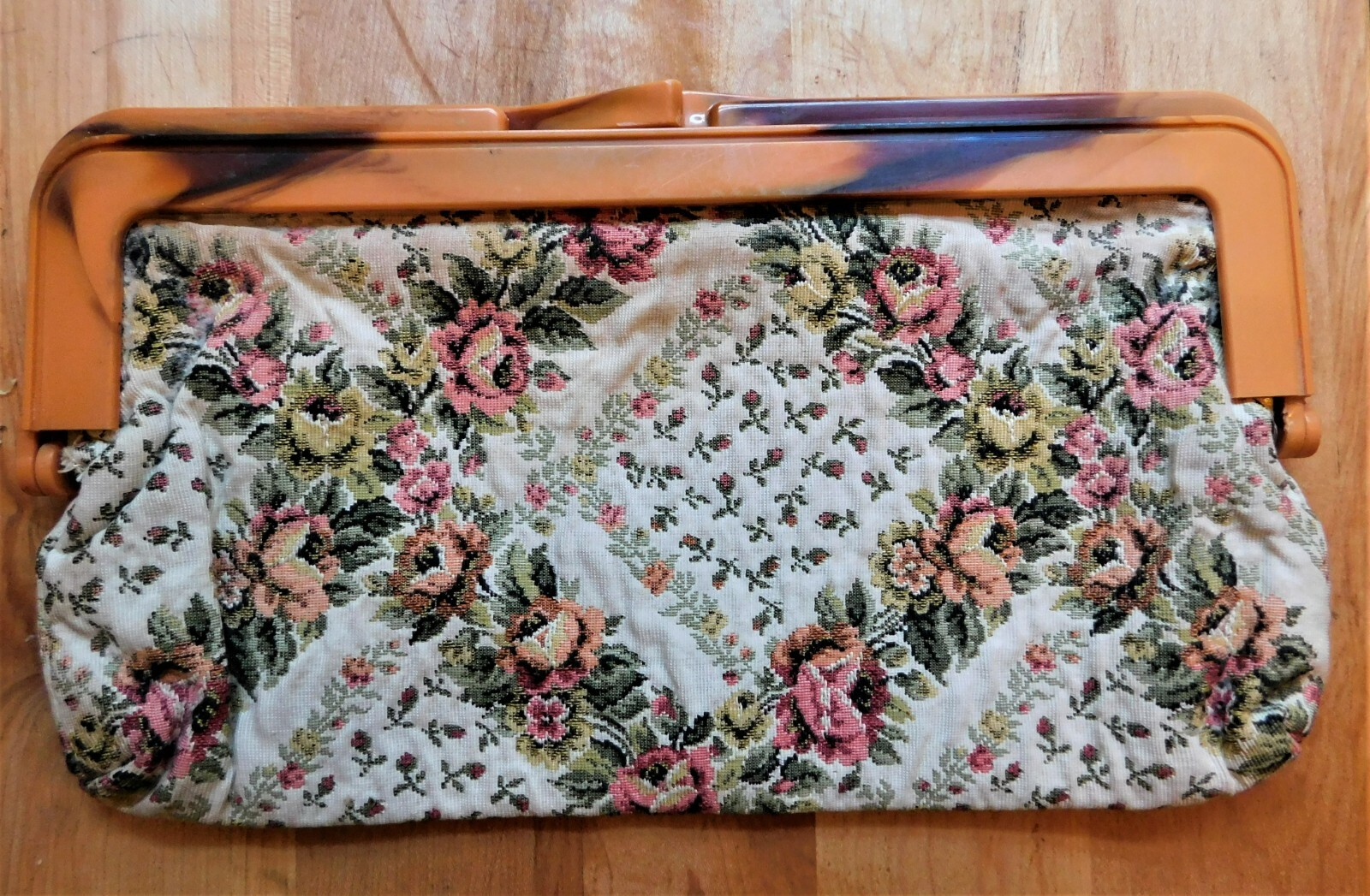 Vintage Floral Fabric & Plastic Clutch Handbag Purse