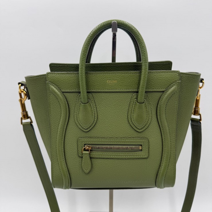 CELINE Luggage Nano Shopper Hand Bag Green Leather Gold Tone