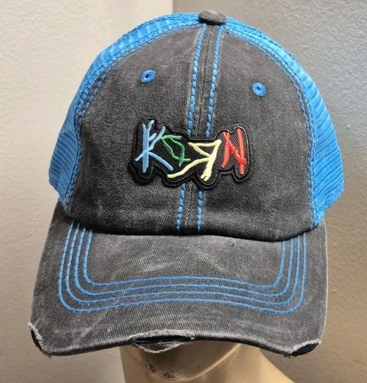 Korn Hat Distressed Ball Cap Hat Black & Neon Blue Mesh Hat
