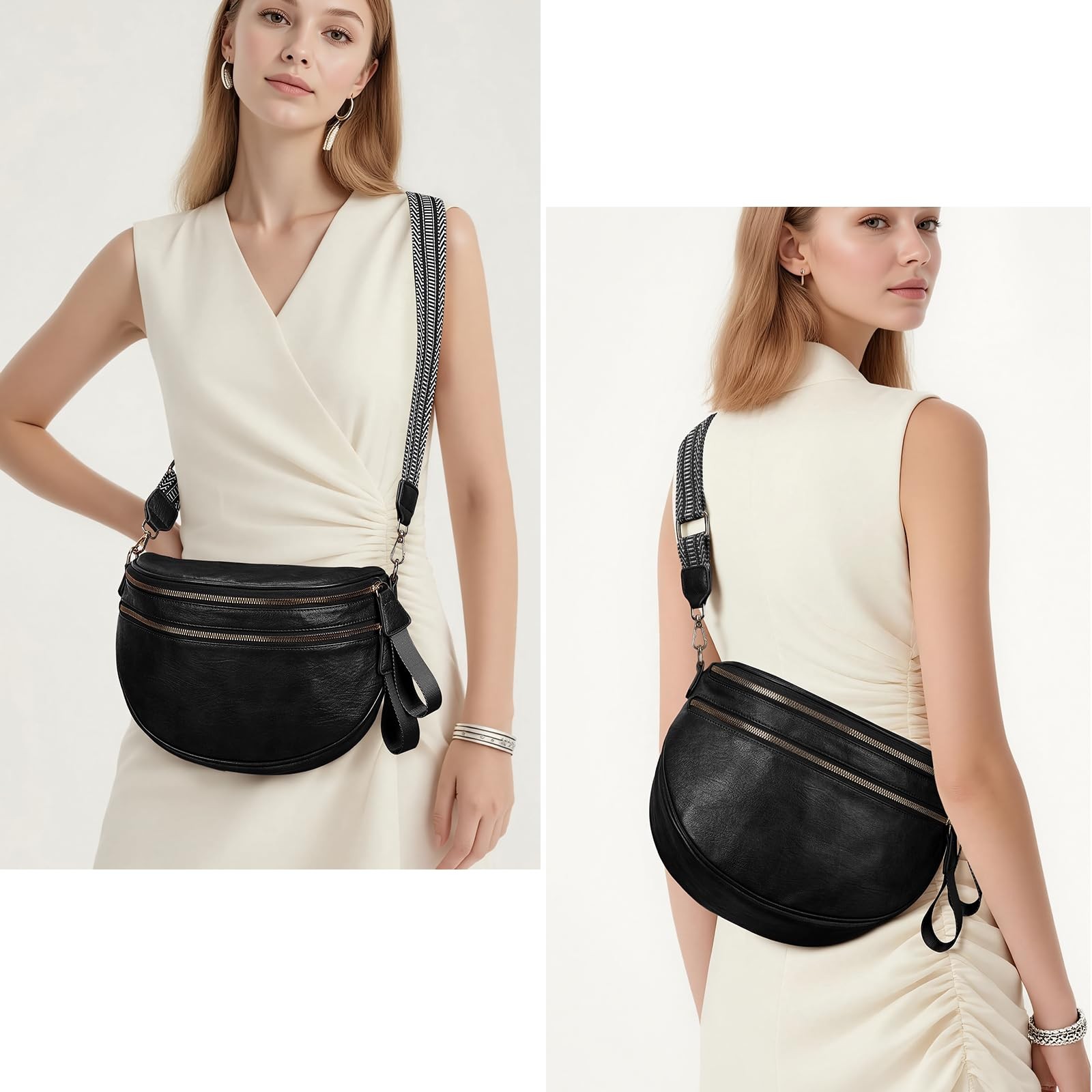 Leather Crossbody Fanny Pack Trendy Bum Bag Double Zip Multi Compartment with…