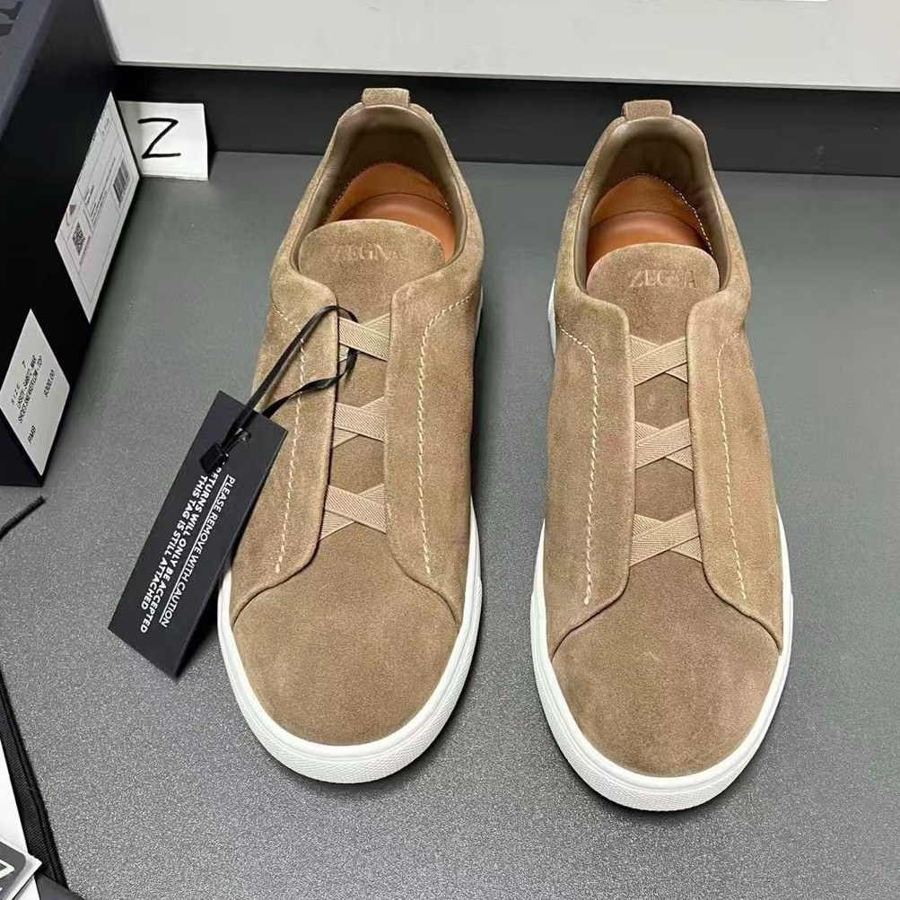 ZEGNA Triple Stitch Men’s Brown Suede Slip-On Sneakers White Sole Size 6-12