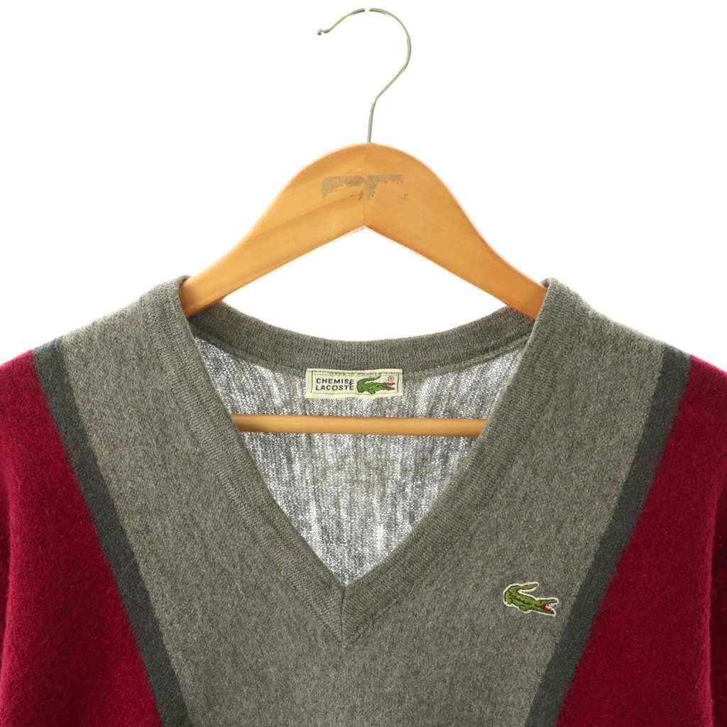 Lacoste knit sweater, V-neck, wool, size 3, gray, burgundy, dark gray