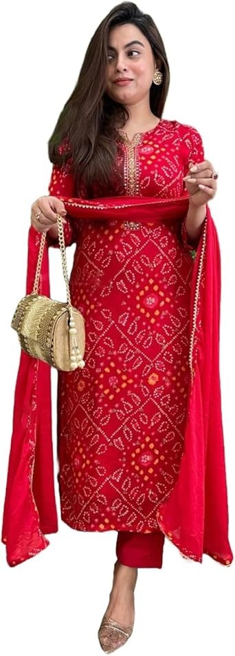GoSriKi Women’s Rayon Viscose Straight Bandhej Printed Kurta with Pant & Dupatta
