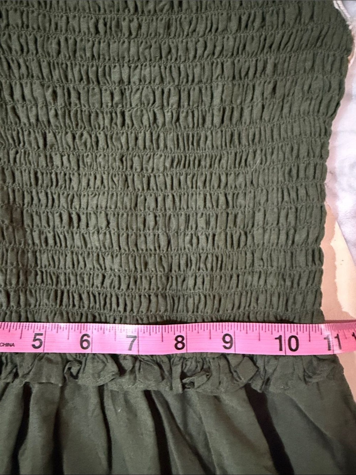 NWT Happy X Nature Olive 100% cotton ruffled smocked boho mini dress. Sz S