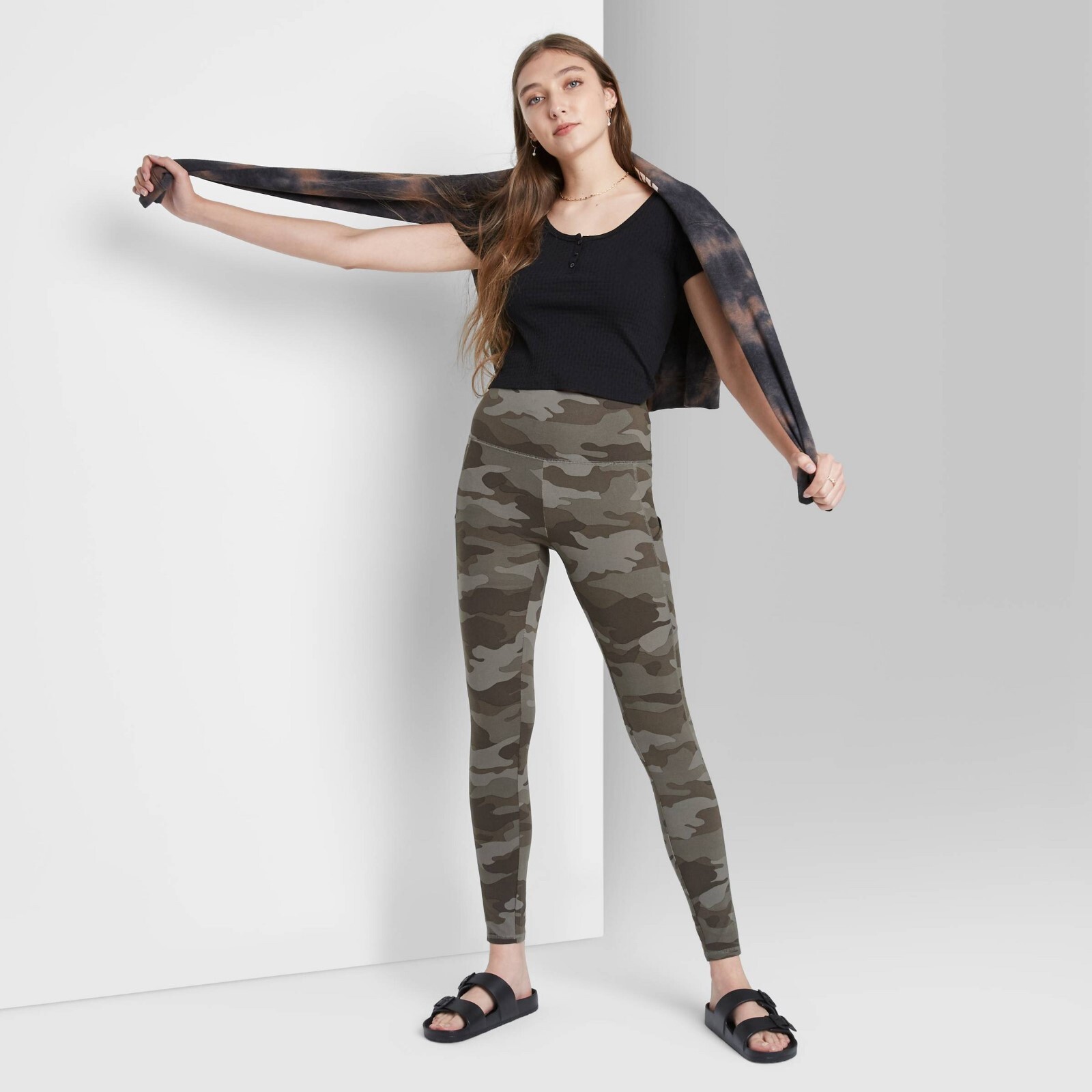 Wild Fable Soft Leggings Womens Full Length Green Camo High Rise Wide Waistband