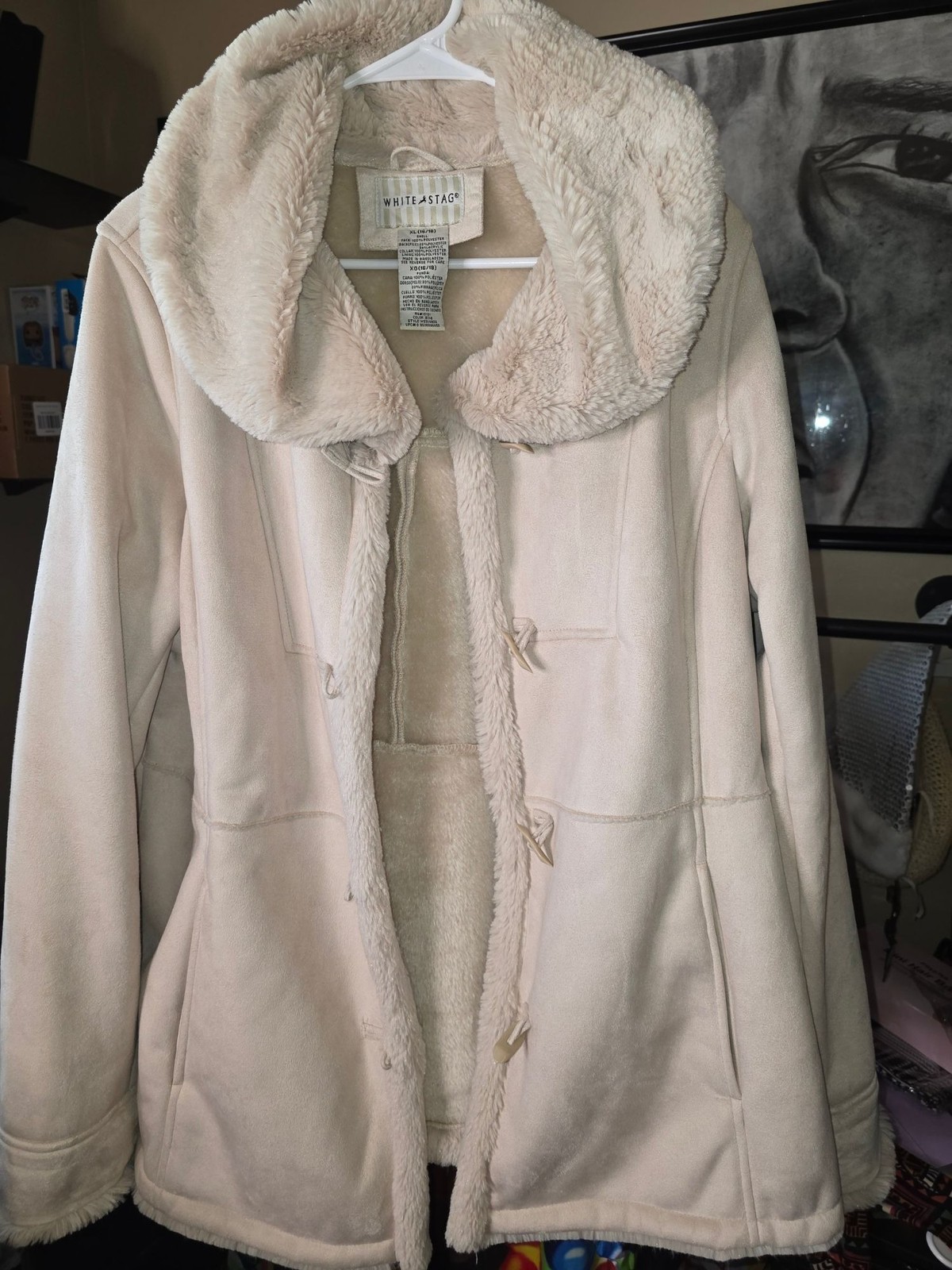 White Stag Womens XL Beige Faux Suede Sherpa-Lined Coat With Toggle Buttons