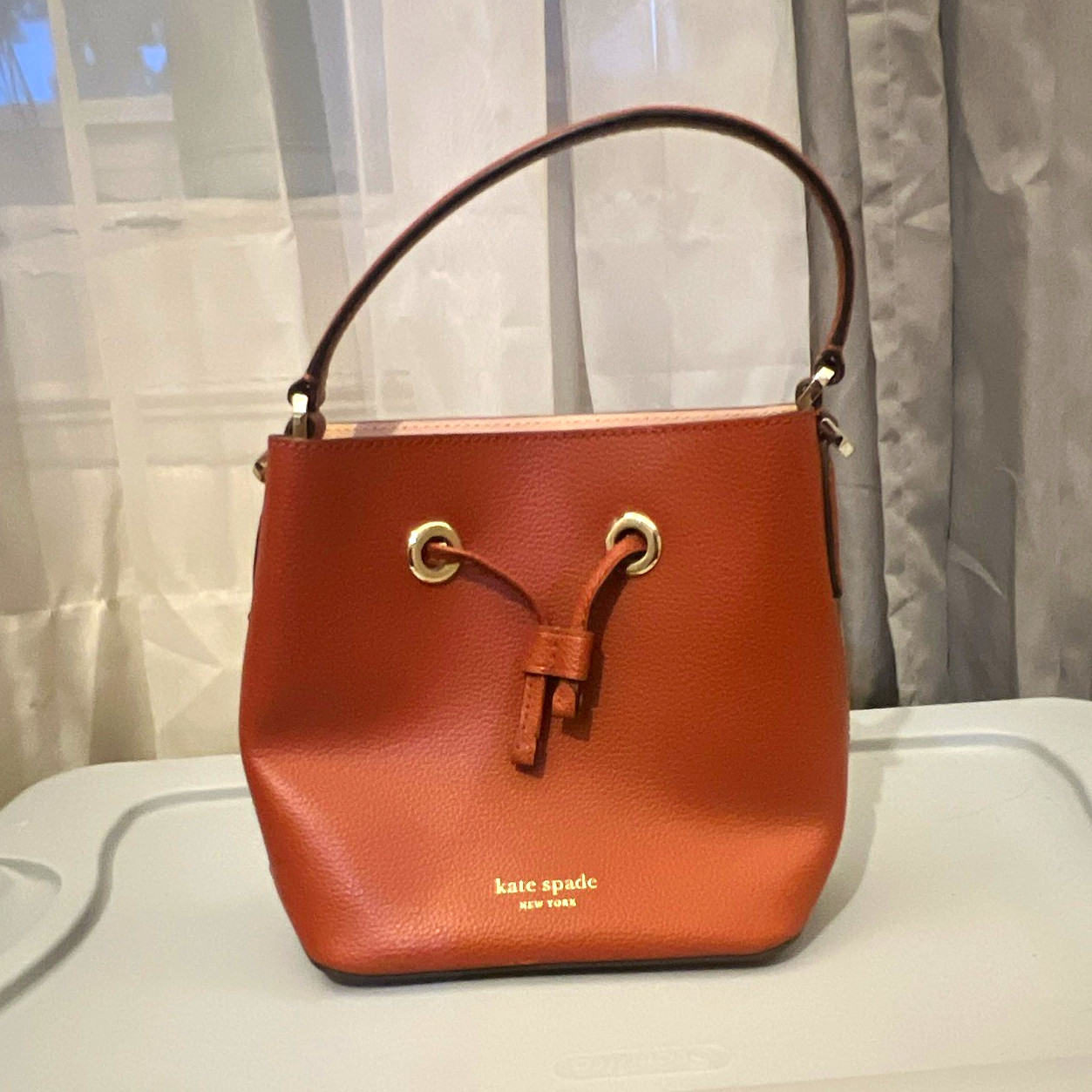 Kate Spade New York Brown Bucket Drawstring Top Handle Bag Gold Hardware Studs
