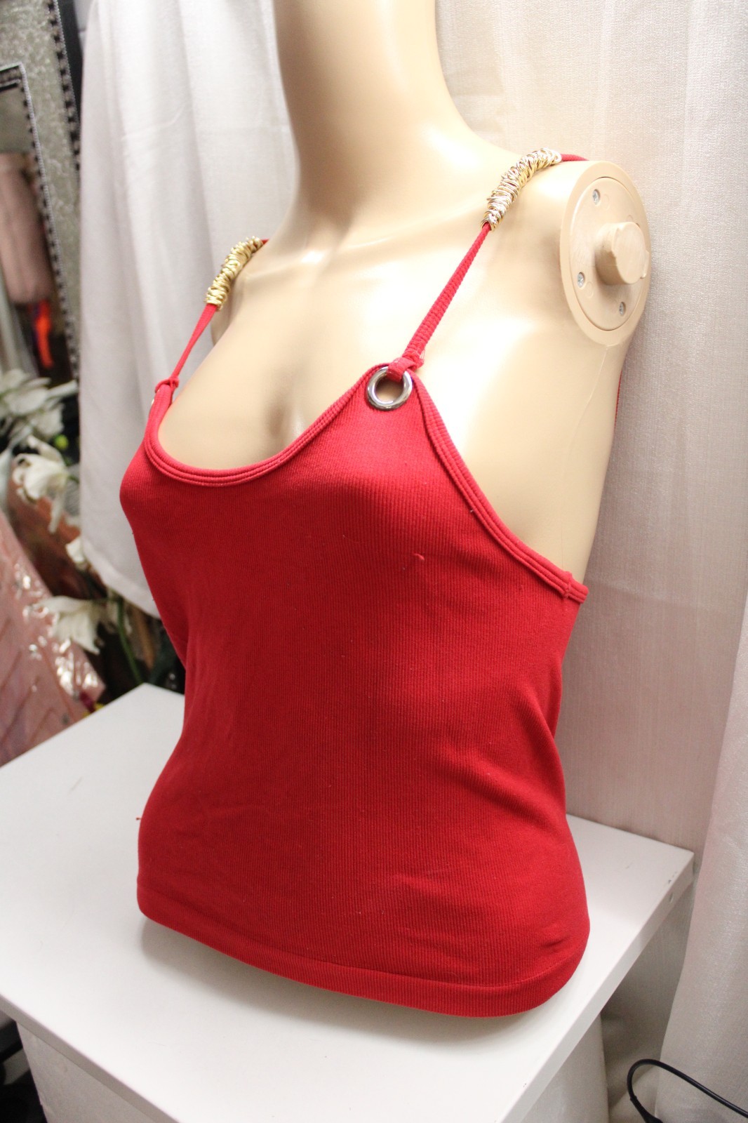 INDERO Nylon/Span Tank Top M/ L Gold Chain Strap Red Shimmer Rib Knit Valentine