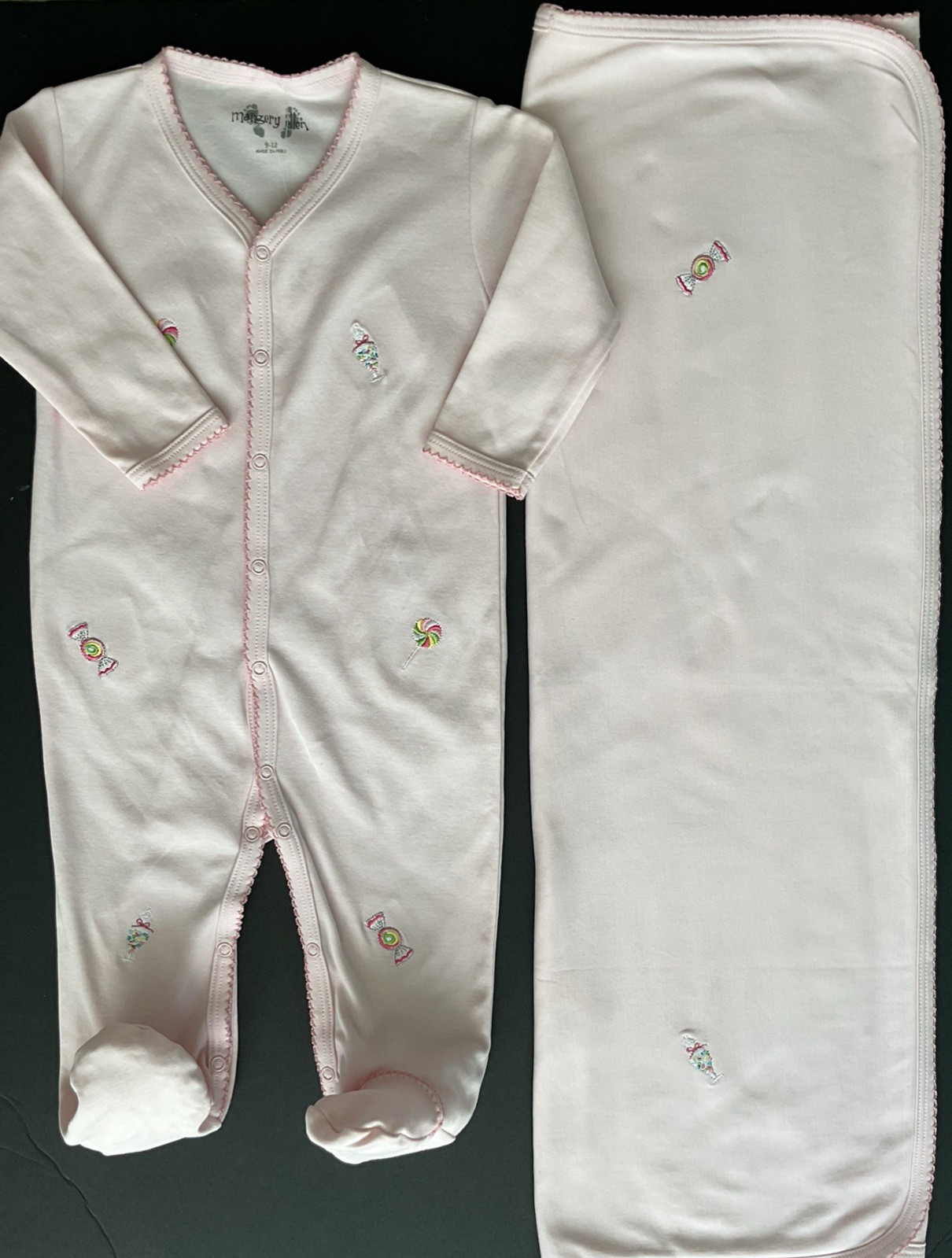 MARJORIE ELLEN FOOTIE & BLANKET SET PK / CANDY EMBROIDERY PIMA COTTON KNIT NWT