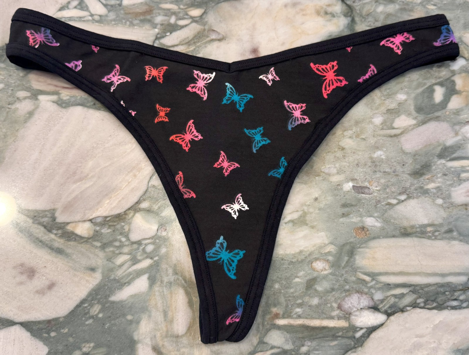 NEW Victoria Secret PINK Cotton Thong Black Multi Color Butterflies – XL or XXL