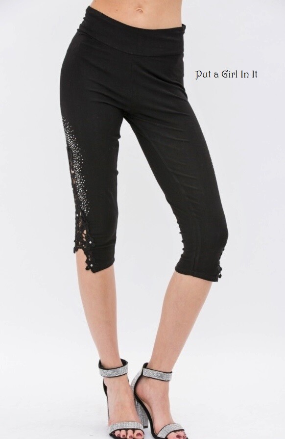 New VOCAL Womens CRYSTAL BLING SOFT BLACK LACE CAPRI LEGGINGS S M L XL 1X 2X 3X