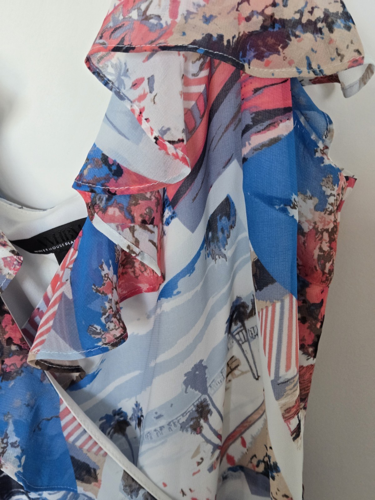 WHBM Postcard Print Wrap Dress Ruffle Hem Vacation Resort