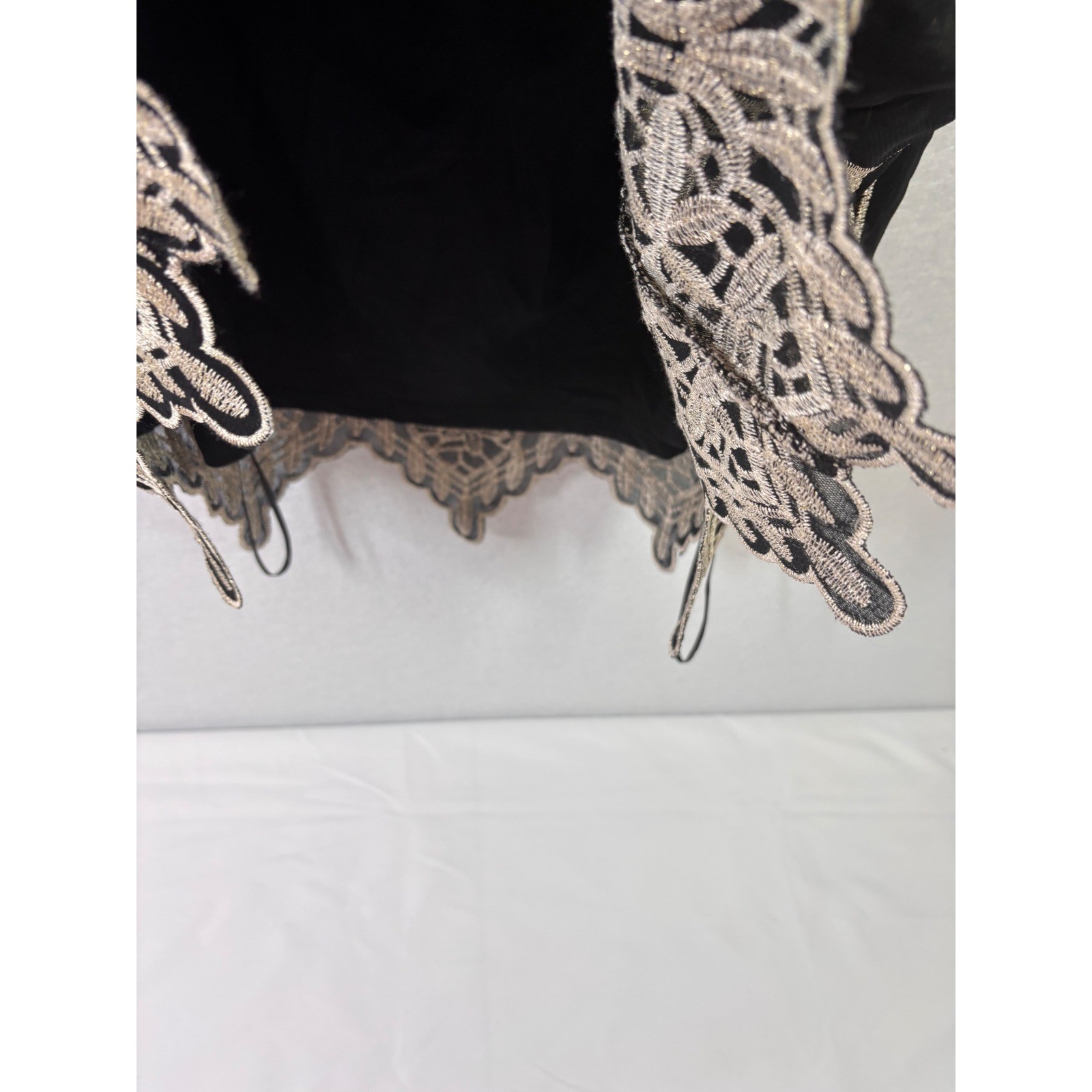 Alfani Womens XL Black Gold Metallic Leaf Embroidered Lace Hem Blouse Top