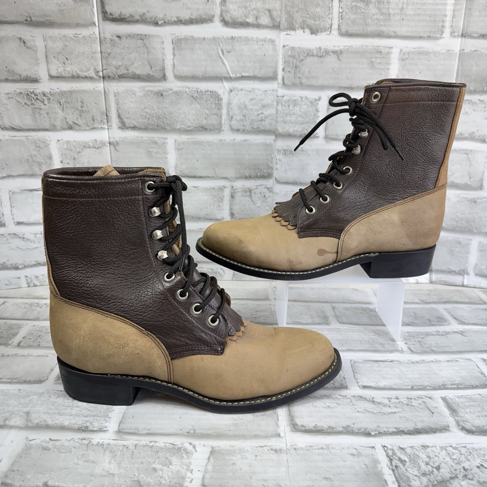 A Jama Product Women’s 8/ 6.5 UK Brown Kiltie Steel Toe Lace Up Cowboy Boots