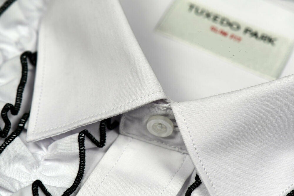 New Men’s White Black Ruffled Ruffles Tuxedo Shirt Spread collar Slim Fit Fitted
