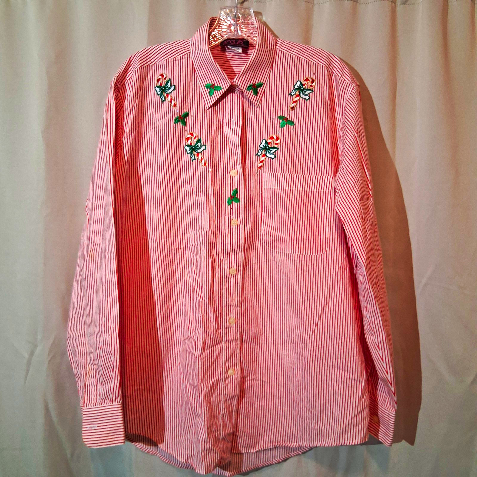 PGB Ladies’s M Red/White Striped Embroidered Long Sleeve Button-Up Holiday Shirt