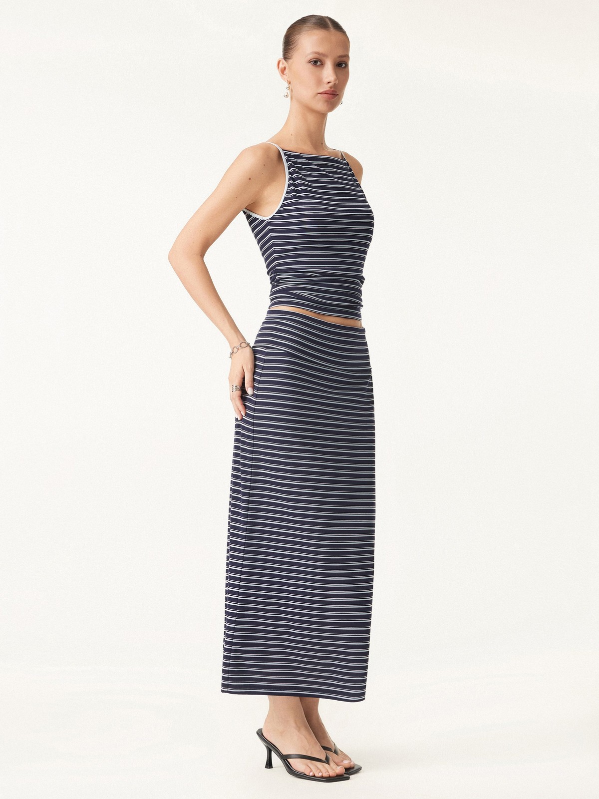 OGL 2Pcs Set Striped Spaghetti Bra Top & Low Rise Striped Midi Skirt