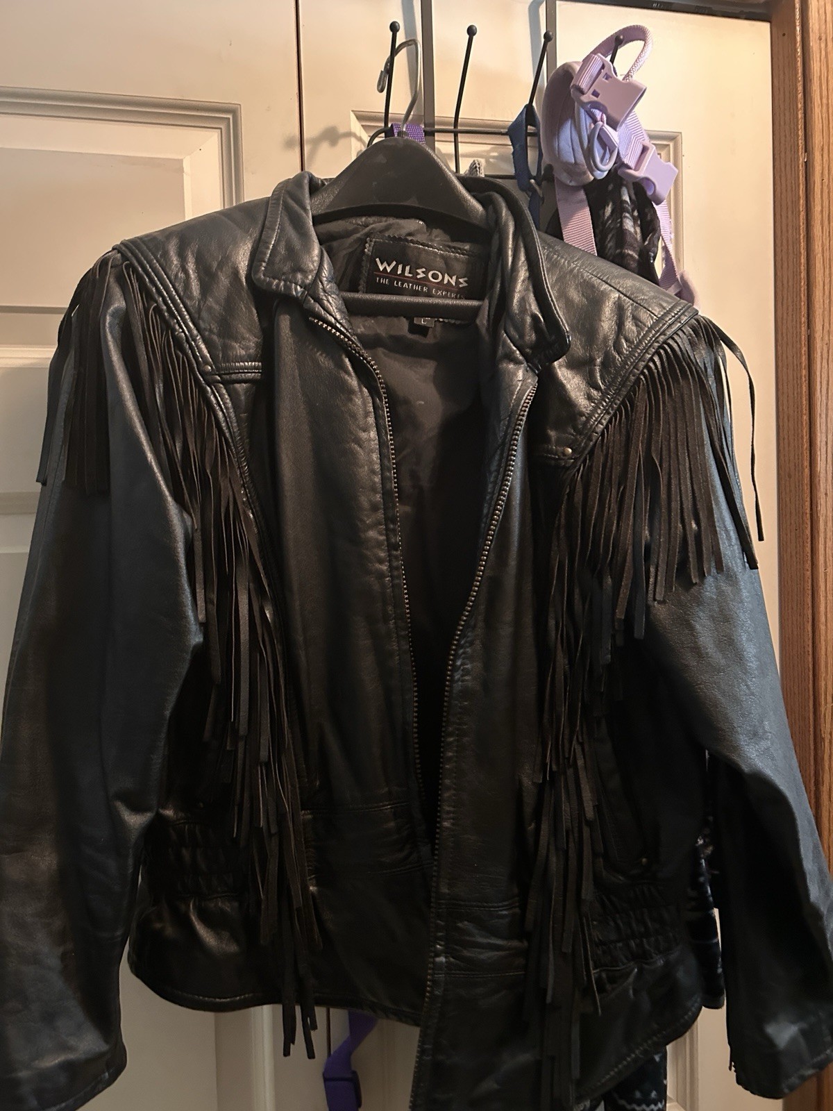 Wilsons Womans Black Leather Fringe Jacket L Full Zip Point Collar -Vintage