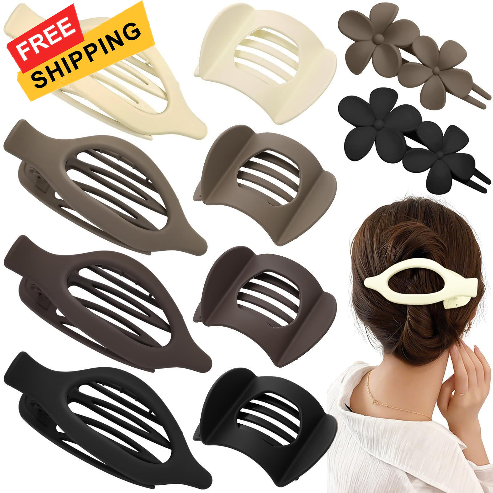 Obeoby 10 Pcs Flat Hair 1 Count (Pack of 10), Coffee, brown, black, white