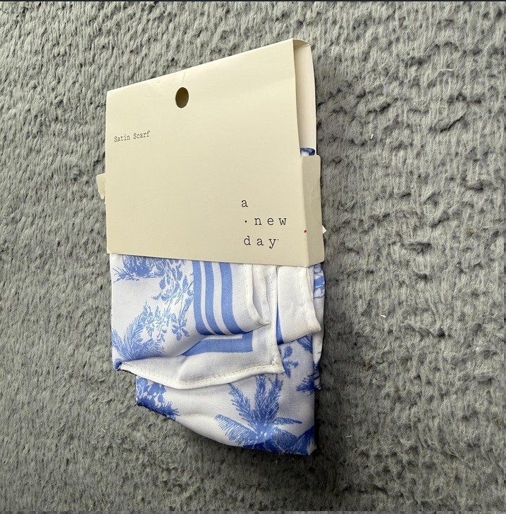 A New Day Satin Scarf Womens One Size Blue Floral Square Recycled Polyester New