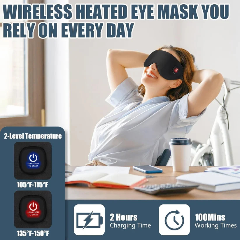 Heated Eye Mask, Cordless Dry Eye Mask Washable Mask with Flaxseed
