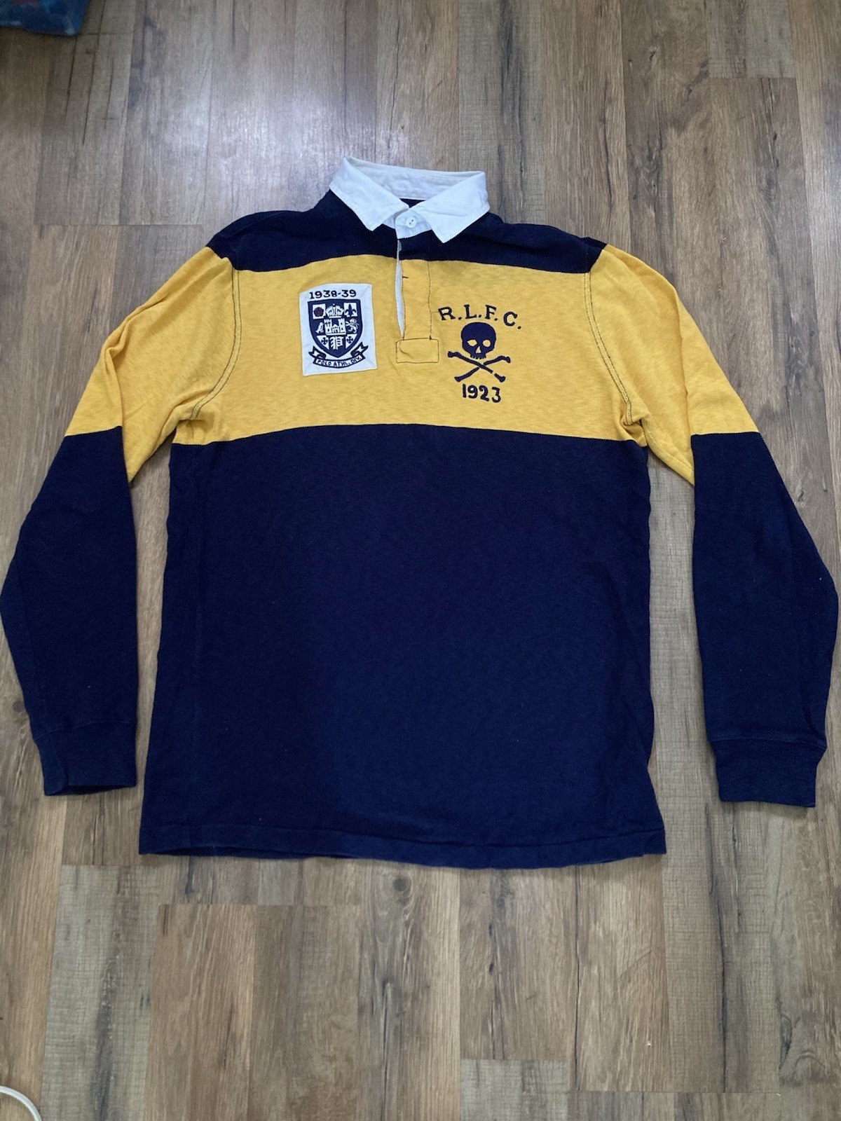Ralph Lauren Polo RLFC Skull Cross And Bones Navy Yellow Rugby Shirt Small